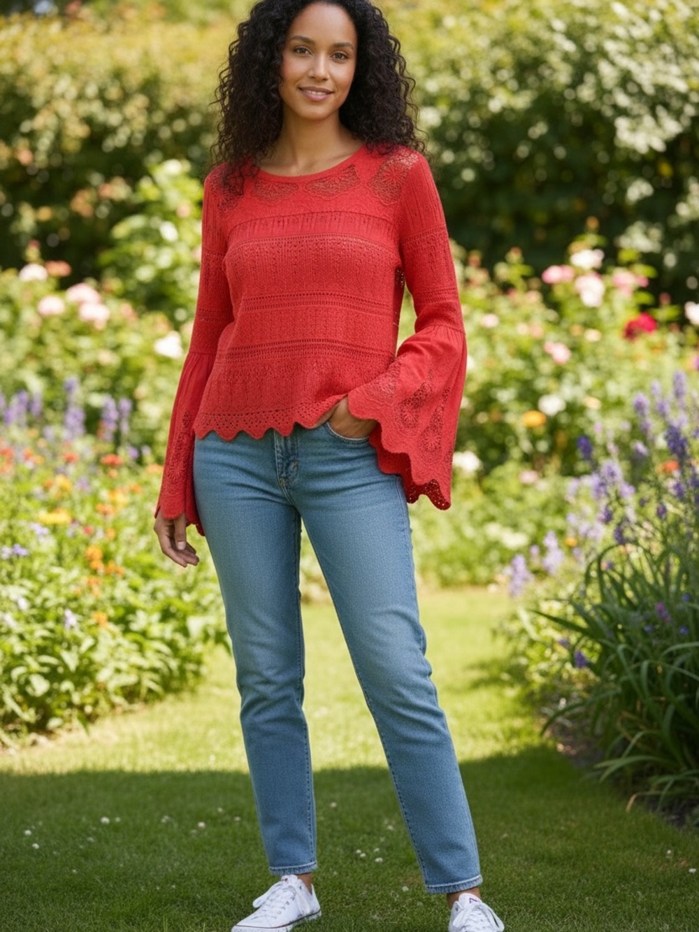 Free People Red Crochet Lace Top. Boho with Belle Sleeves. Size Small.